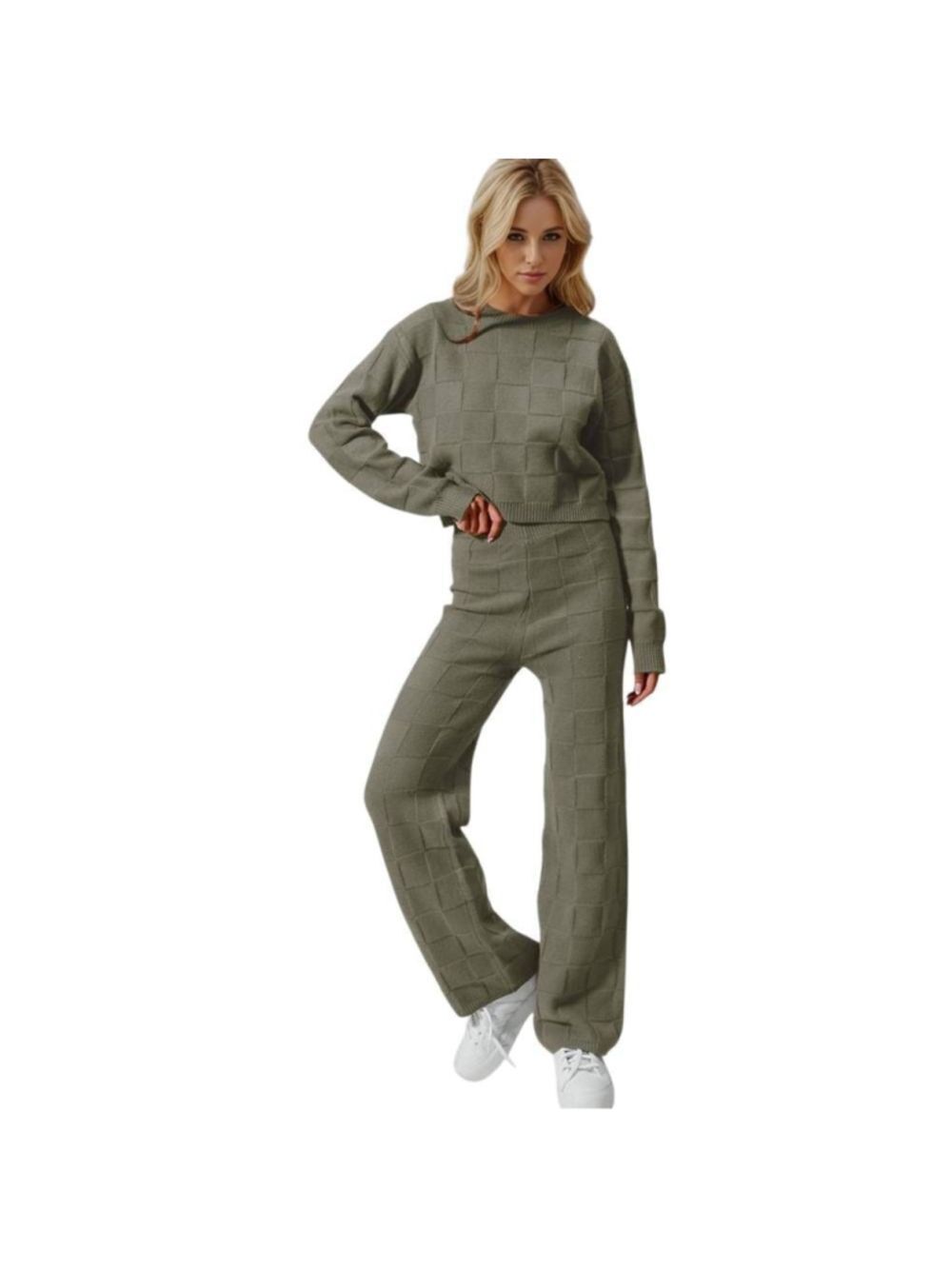 Checkered Round Neck Top Pants Beige Women's Knit Set sz S